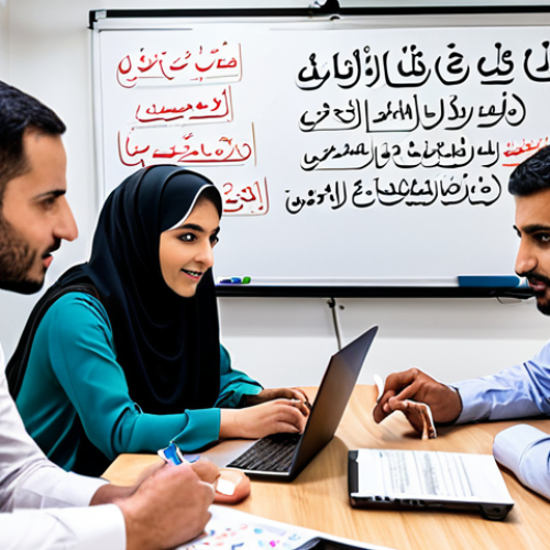 Home 4 **
A vibrant, modern office scene. Arabic calligraphy subtly integrated into the background. Focus on a diverse team brainstorming around a whiteboard covered in KPIs (Key Performance Indicators) written in both Arabic and English. The atmosphere is collaborative and energetic, symbolizing innovative management. Include laptops and tablets displaying data charts. The overall feel should be optimistic and forward-thinking.
**