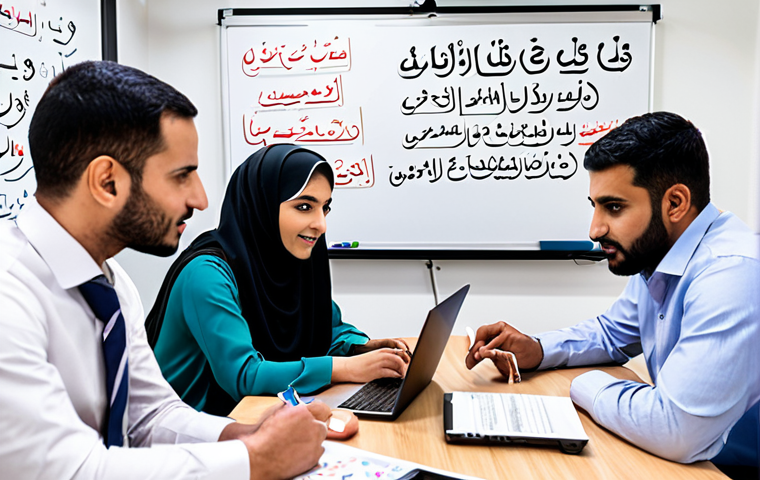**
A vibrant, modern office scene. Arabic calligraphy subtly integrated into the background. Focus on a diverse team brainstorming around a whiteboard covered in KPIs (Key Performance Indicators) written in both Arabic and English. The atmosphere is collaborative and energetic, symbolizing innovative management. Include laptops and tablets displaying data charts. The overall feel should be optimistic and forward-thinking.
**