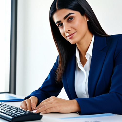 **

"A professional businesswoman in a modest, dark blue business suit, sitting at a clean desk in a bright, modern office in Dubai, United Arab Emirates, fully clothed, appropriate attire, safe for work, perfect anatomy, natural proportions, professional photography, high quality, well-formed hands, proper finger count, family-friendly."

**