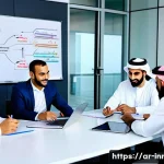 혁신경영 학습 커뮤니티 참여의 이점 - A diverse group of Arab professionals engaged in a lively innovation management workshop, seated aro...