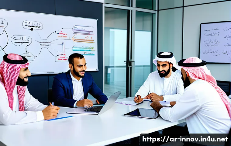 혁신경영 학습 커뮤니티 참여의 이점 - A diverse group of Arab professionals engaged in a lively innovation management workshop, seated aro...