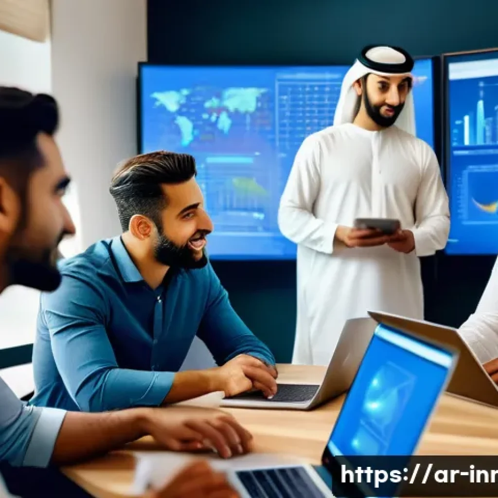 혁신경영컨설팅과 컨텐츠 마케팅 접목 - A dynamic Arabic marketing team brainstorming in a modern office decorated with traditional Middle E...