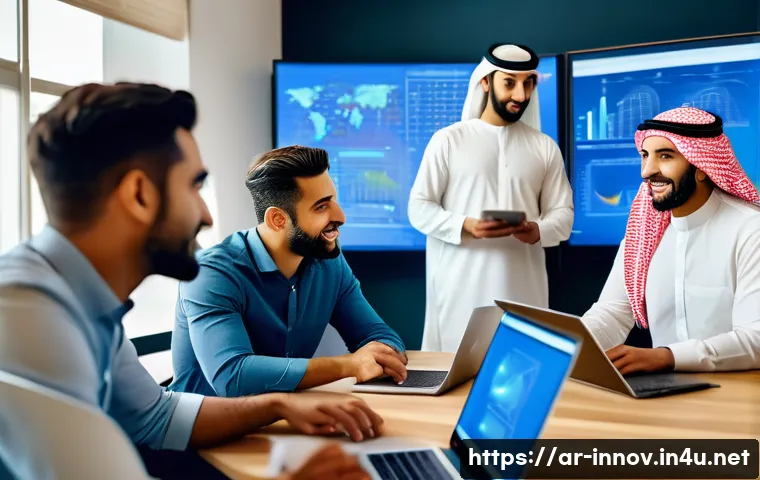 혁신경영컨설팅과 컨텐츠 마케팅 접목 - A dynamic Arabic marketing team brainstorming in a modern office decorated with traditional Middle E...