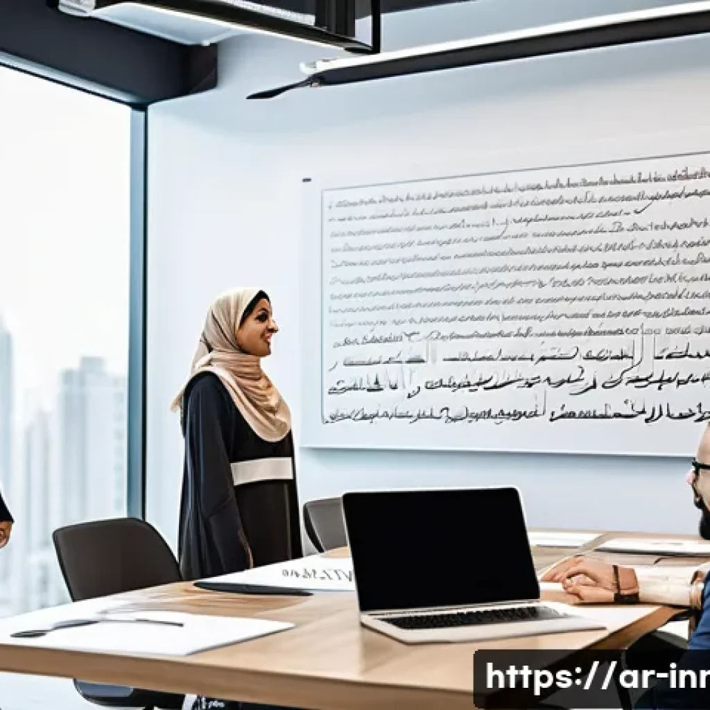 혁신경영의 국제적 사례 연구 - A modern Arab corporate office setting showcasing a diverse, multidisciplinary team collaborating en...