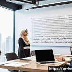 혁신경영의 국제적 사례 연구 - A modern Arab corporate office setting showcasing a diverse, multidisciplinary team collaborating en...