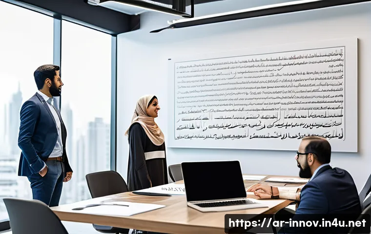 혁신경영의 국제적 사례 연구 - A modern Arab corporate office setting showcasing a diverse, multidisciplinary team collaborating en...