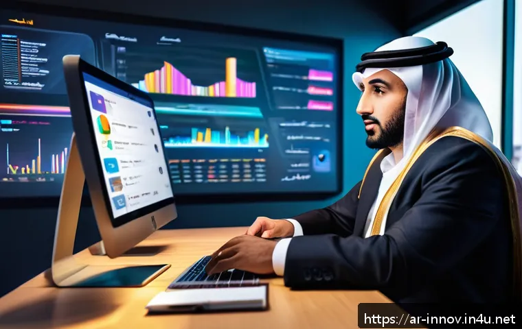 혁신경영컨설팅 마케팅과 홍보 전략 - A professional digital marketing workspace scene featuring a Middle Eastern man analyzing customer i...