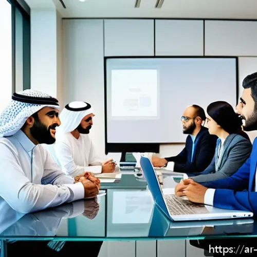 혁신경영컨설팅 주요 실패 요인 분석 - A modern corporate office setting in a Middle Eastern company, featuring a diverse group of Arabic-s...
