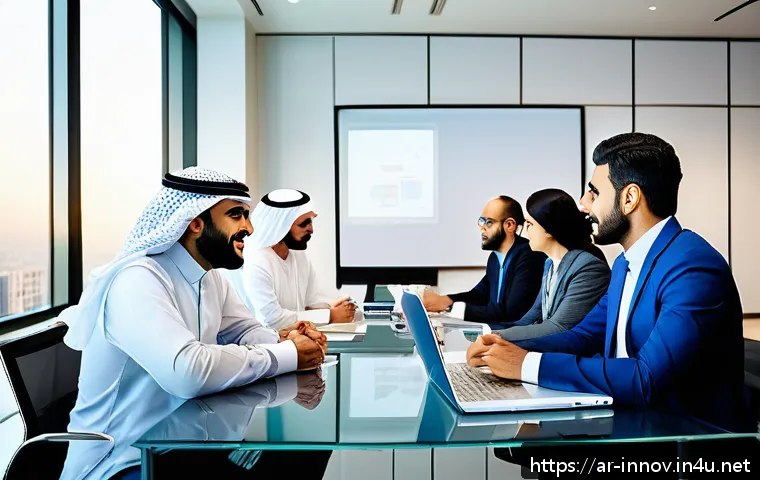 혁신경영컨설팅 주요 실패 요인 분석 - A modern corporate office setting in a Middle Eastern company, featuring a diverse group of Arabic-s...