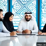 혁신경영컨설턴트가 알아야 할 최신 트렌드 - A modern Arab office environment with a diverse team of professionals collaborating around a large t...