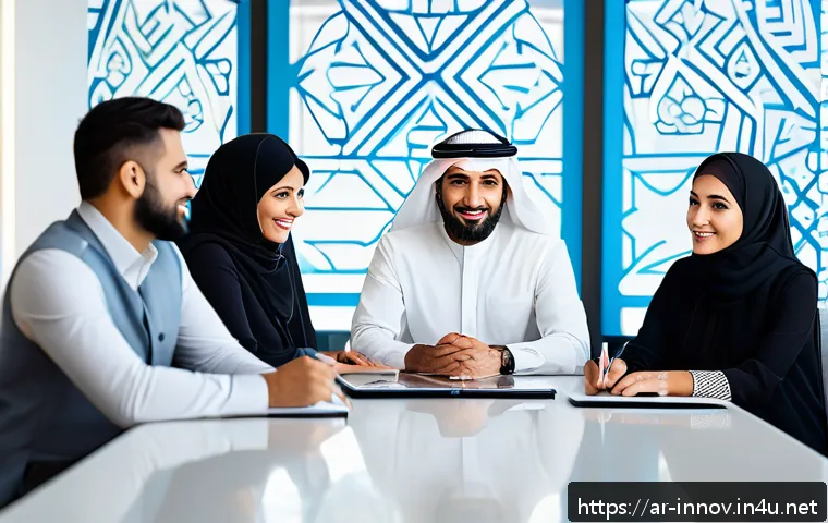 혁신경영컨설턴트가 알아야 할 최신 트렌드 - A modern Arab office environment with a diverse team of professionals collaborating around a large t...