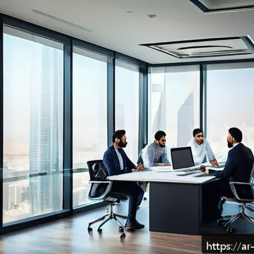 혁신경영컨설팅 업계의 성공 스토리 - A modern corporate office scene set in a Middle Eastern city with Arabic architectural elements visi...