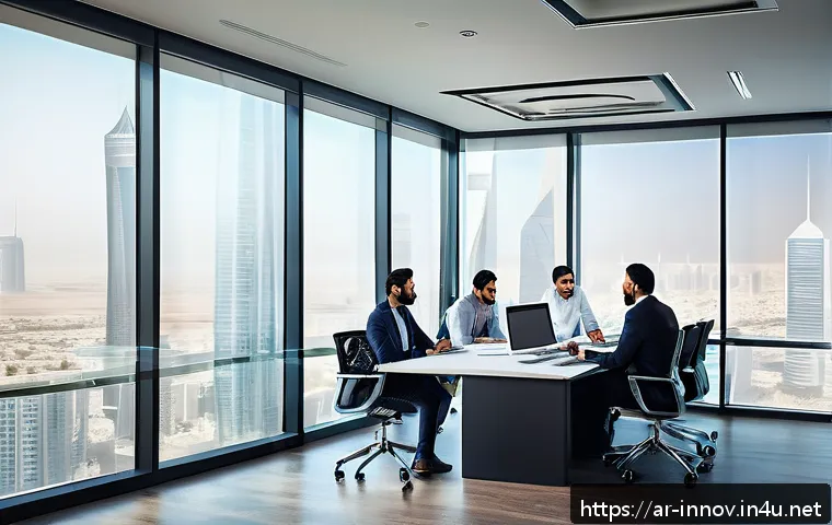 혁신경영컨설팅 업계의 성공 스토리 - A modern corporate office scene set in a Middle Eastern city with Arabic architectural elements visi...