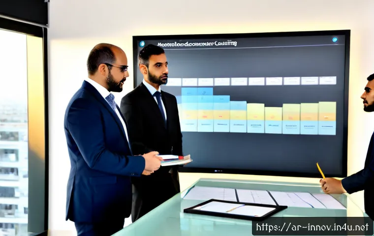 혁신경영컨설팅 프로젝트 마감 관리 - Photorealistic innovation management consulting team in a modern Gulf-region office, Arab business p...