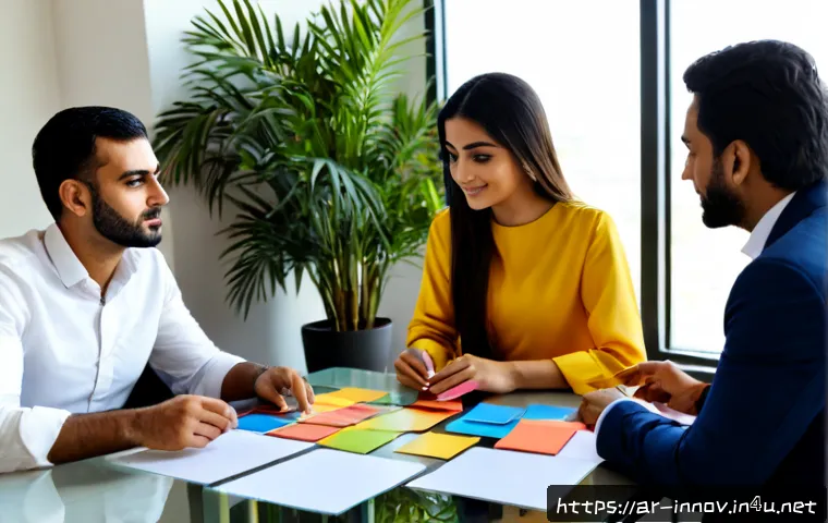 Home 17 혁신경영컨설팅 워라밸 실현 방법 - Photorealistic modern management consulting workshop in a bright Gulf-region office, diverse Arab bu...